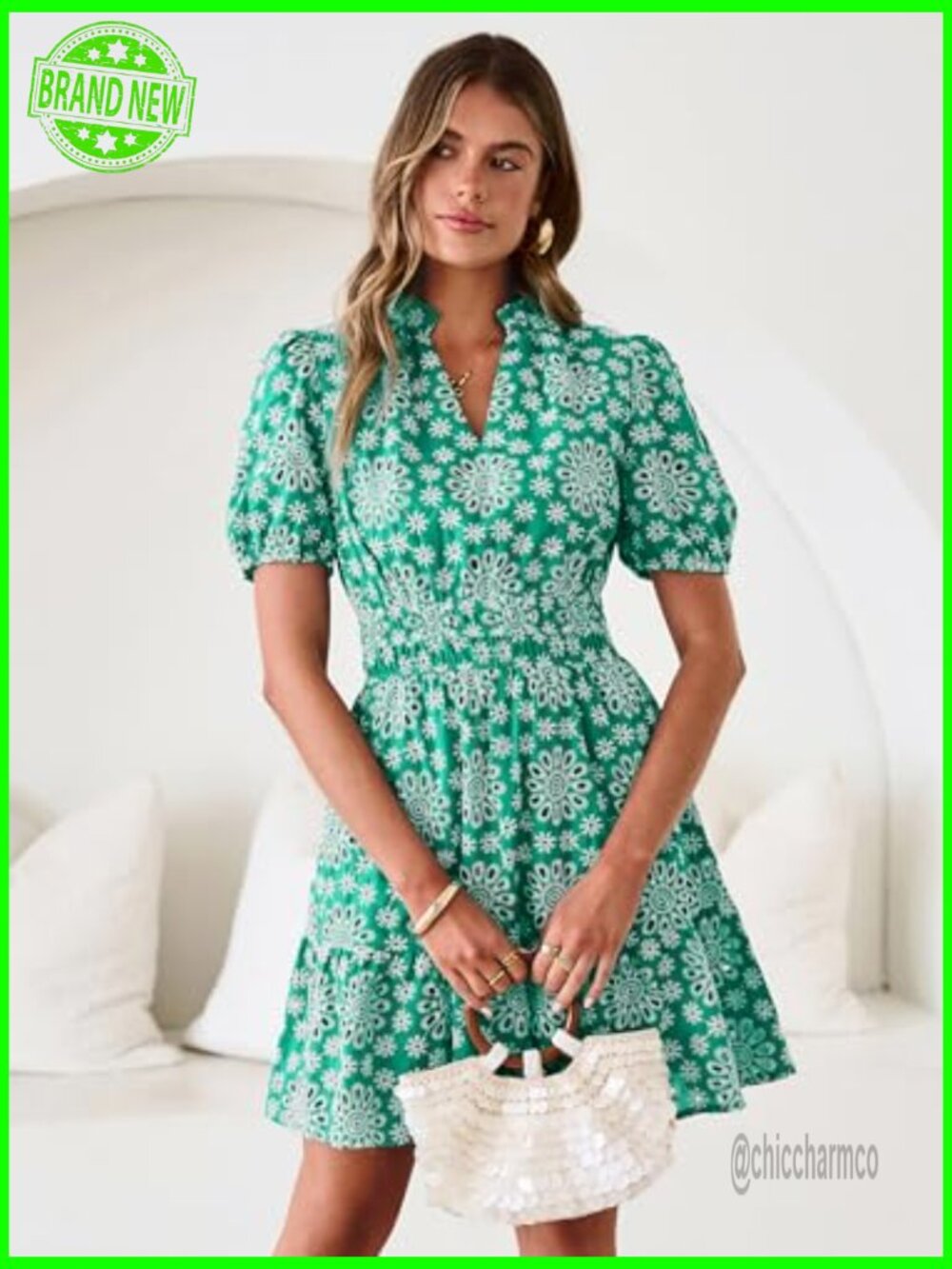 Women's Eyelet Lace Mini Dress V-Neck Puff Sleeve Boho - Picture 5 of 7
